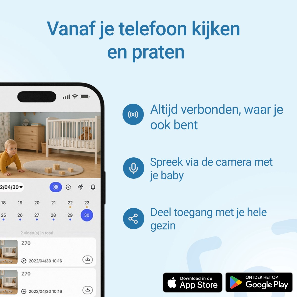 Living Needs – Babyfoon met Camera en App – Zwart – Full HD Nachtzicht – Baby monitor met Geluids- en Bewegingsdetectie - Image 3